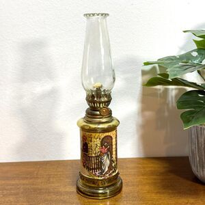 Vintage 70's  Oil Lamp Made In Hong Kong 10" Amber Clear Chimney Religious Jesus